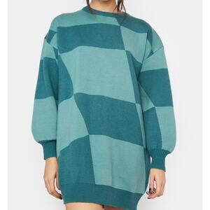 Lalavon Sweater Dress Small Womens Oversized Checkered Knit Mini Blouson Sleeve